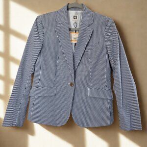 Anne Klein Women’s Blazer Size S Blue White Pinstripe 98% Cotton Single Button